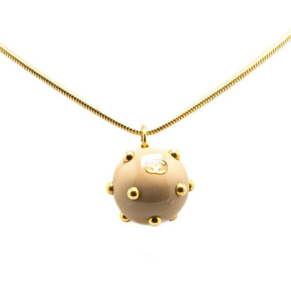 CHANEL CC Logo Round Ball Studs Necklace 30" Gold Tone 00A Auth w/Box #2615 - Picture 1 of 7
